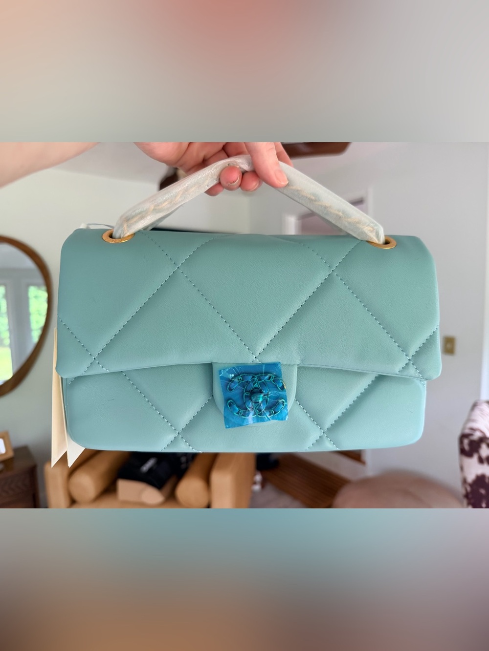 FULL SET BRAND NEW in Box Light Blue Lambskin Chanel 19 Flap Bag w Gold Hardware